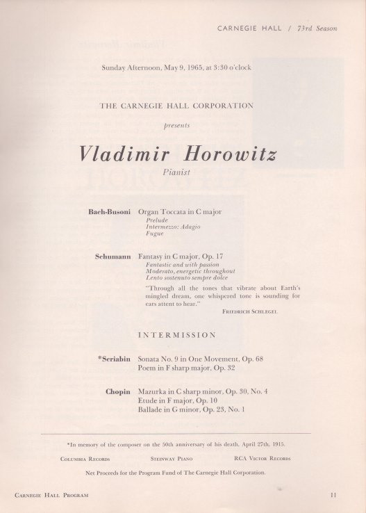 Horowitz, Vladimir - Recital Program for Historic Carnegie Performance.