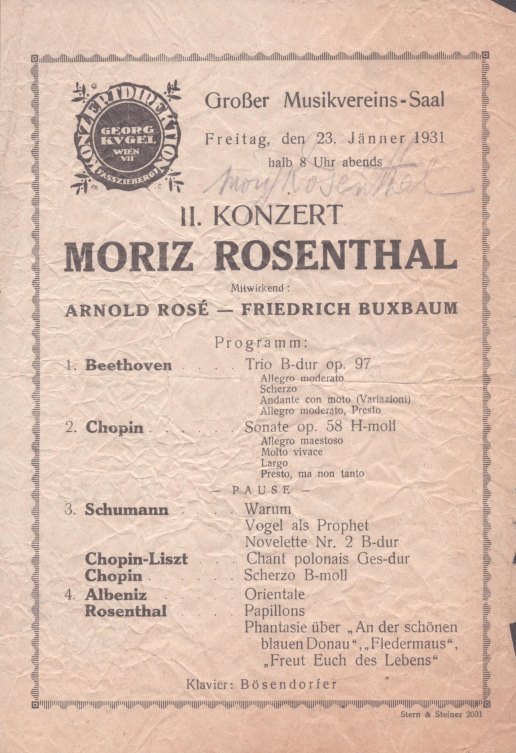 Rosenthal, Moriz - Concert Program Signed Moriz Rosenthal.