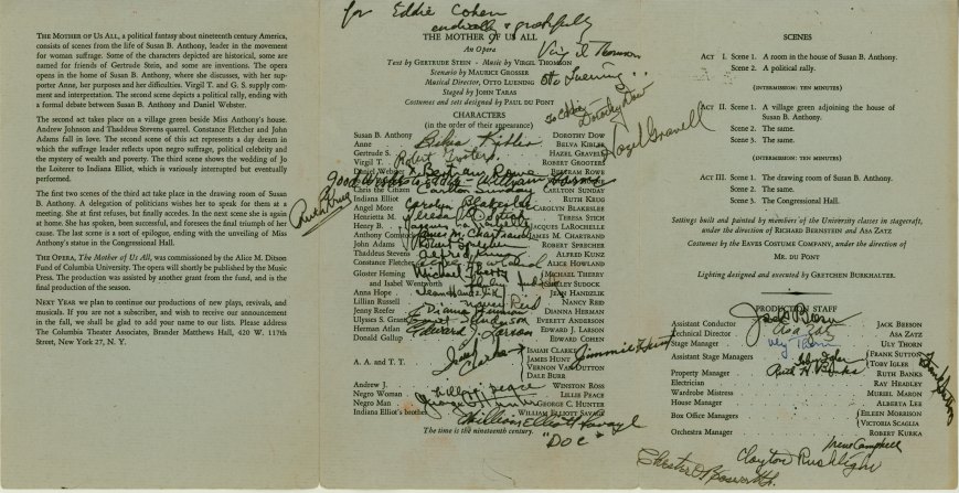 Thomson, Virgil - "Mother of Us All" Program Signed "Virgil Thomson"