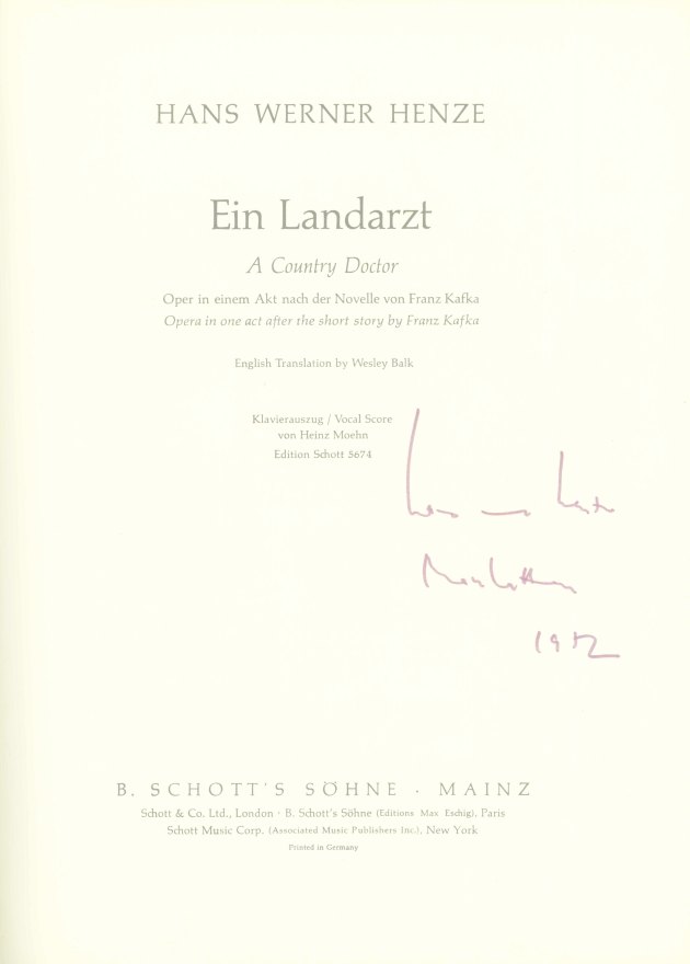 Henze, Hans Werner - Ein Landarzt. A Country Doctor. Klavierauszug.